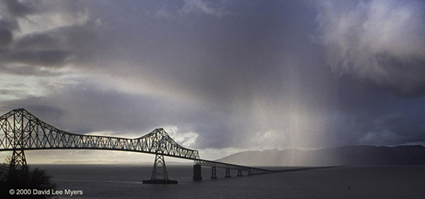 Columbia River and Megler Bridge from AStoria Oregon with stormy skies