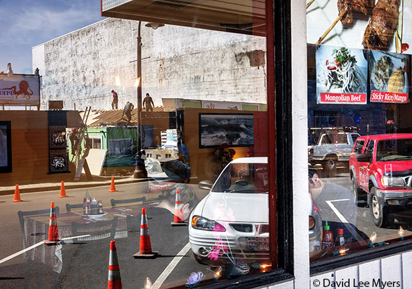 Cafe window reflections, Newport, Oregon.